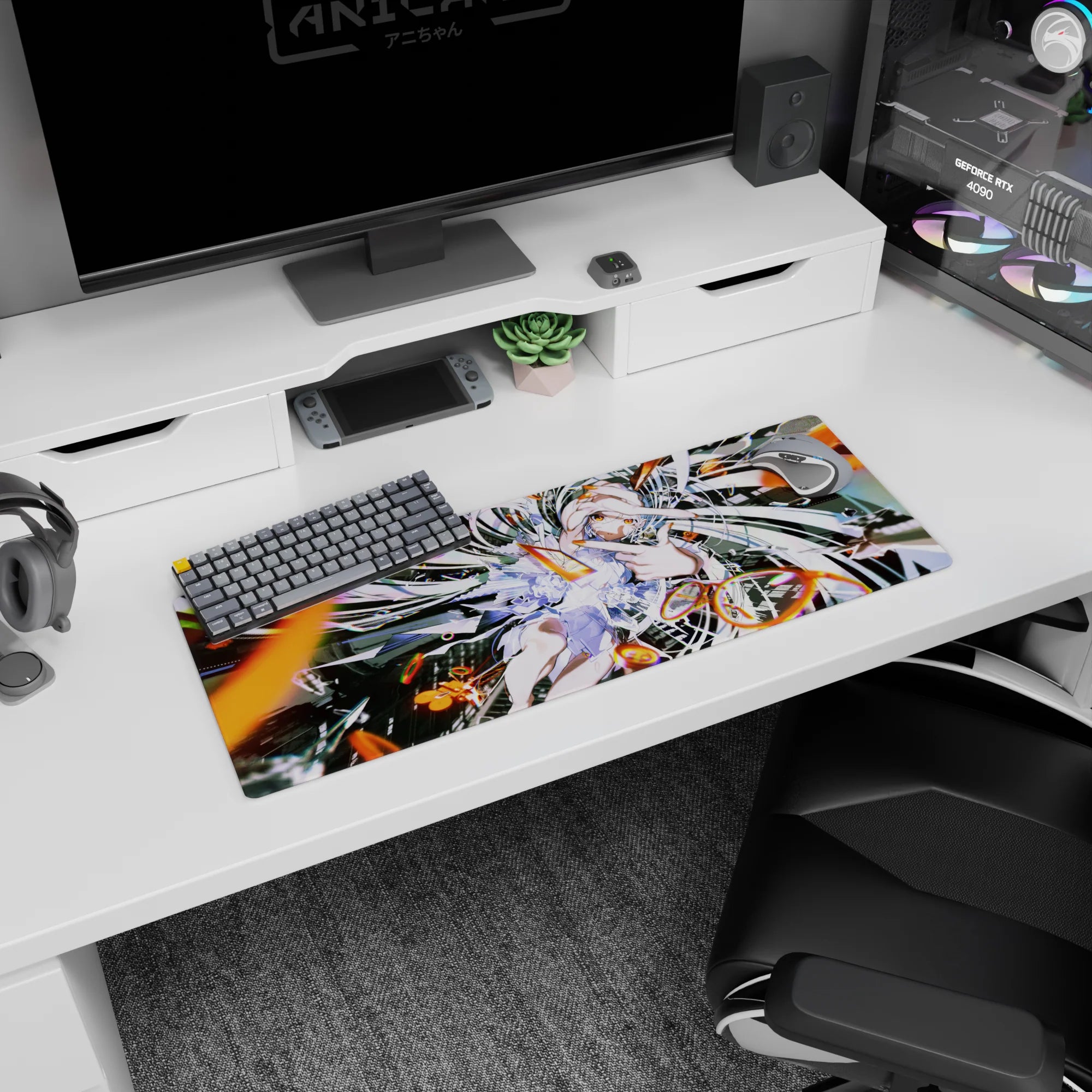 Silver-haired anime girl with amber eyes flashing a two-finger salute on mouse pad 32x12 inches.