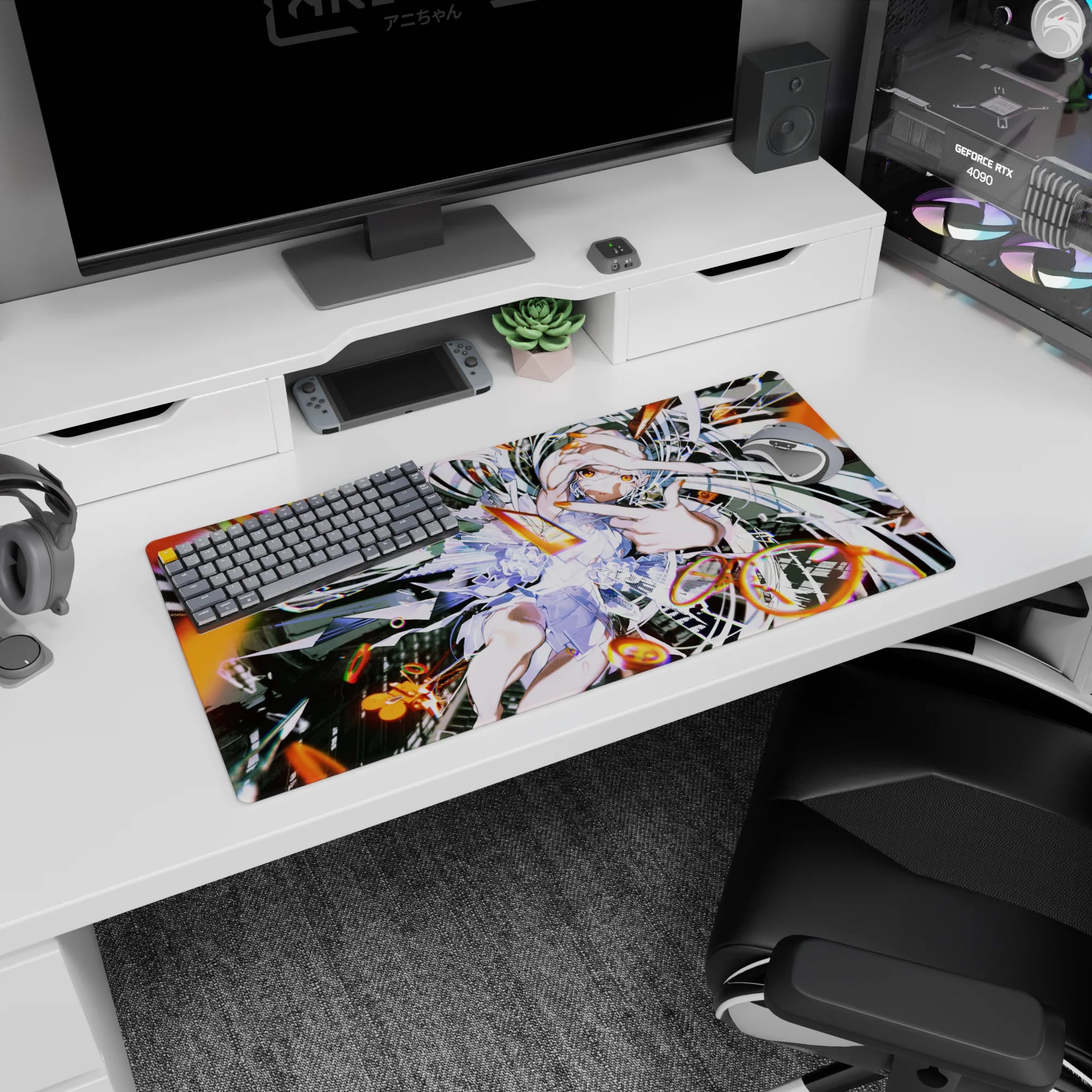 Silver-haired anime girl with amber eyes saluting amid ringed sparks on mouse pad 32x16 inches.