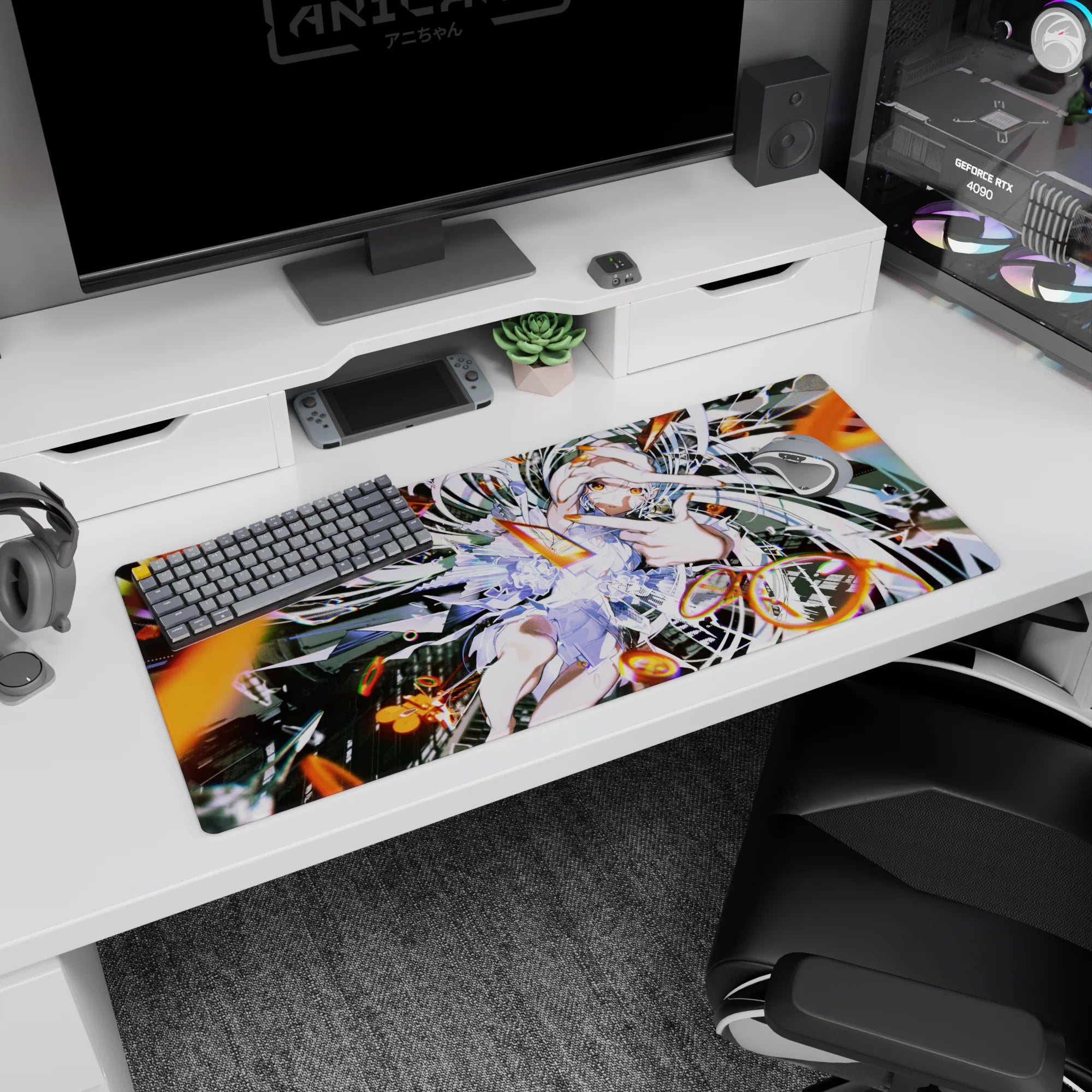 Silver-haired anime girl flashing a two-finger salute on a 36x16 inches desk pad amid dark shards.