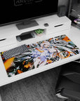 Silver-haired anime girl flashing a two-finger salute on a 36x16 inches desk pad amid dark shards.