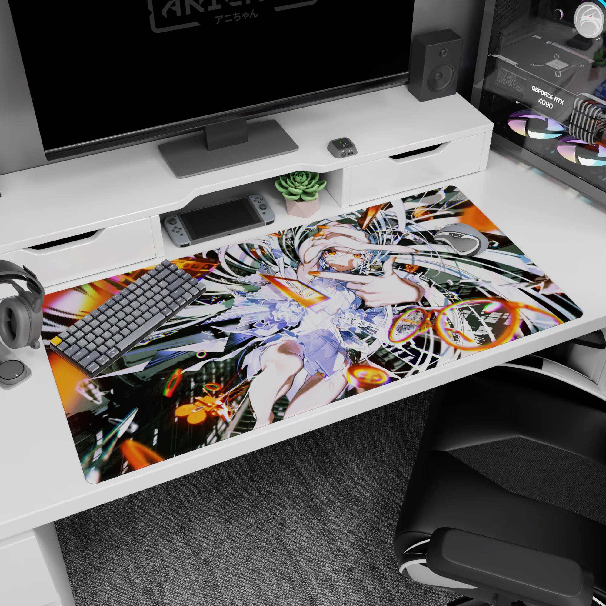 Silver-haired anime girl in white ruffled dress saluting amid ringed sparks on 40x20 inches desk pad.