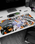 Silver-haired anime girl in white ruffled dress saluting amid ringed sparks on 40x20 inches desk pad.