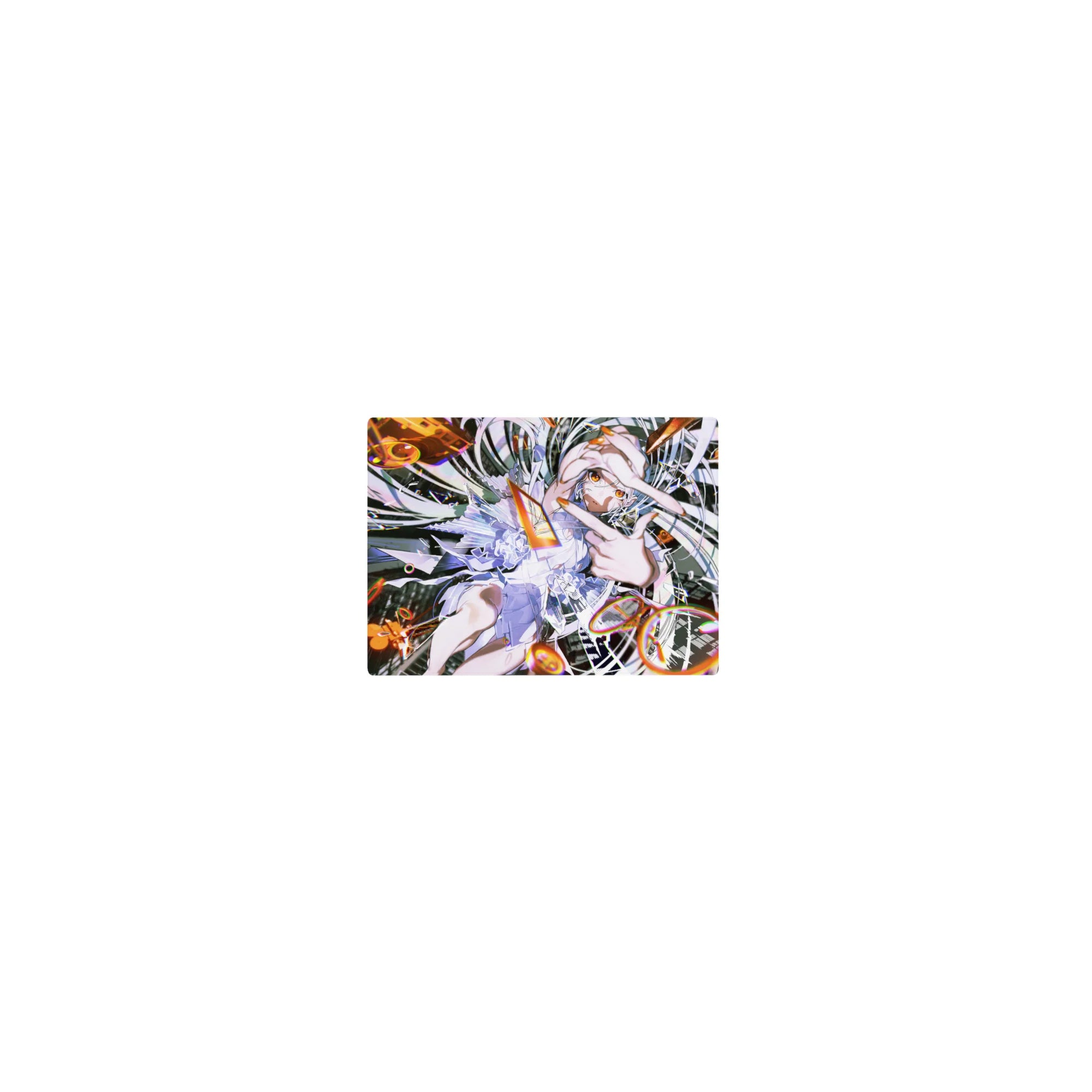 Classic anime girl mouse pad 14x10 inches with silver-haired rebel pose and glitchy mechanical shards.