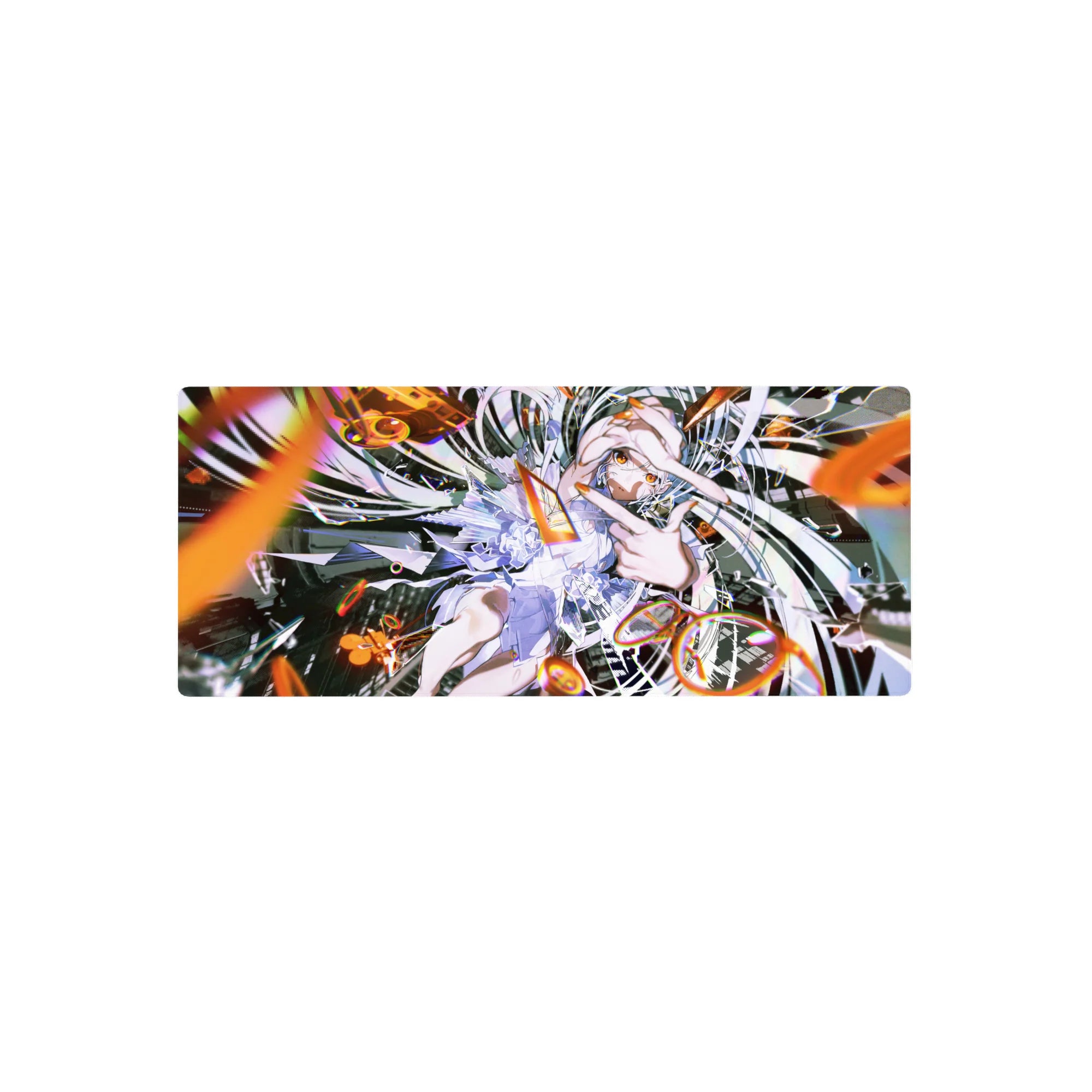Stormy-cute anime girl mouse pad, silver hair and ruffled dress with neon shards, 28x12 inches.