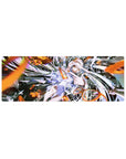 Stormy-cute anime girl mouse pad 32x12 inches with silver hair, ruffled white dress, and glitch shards.