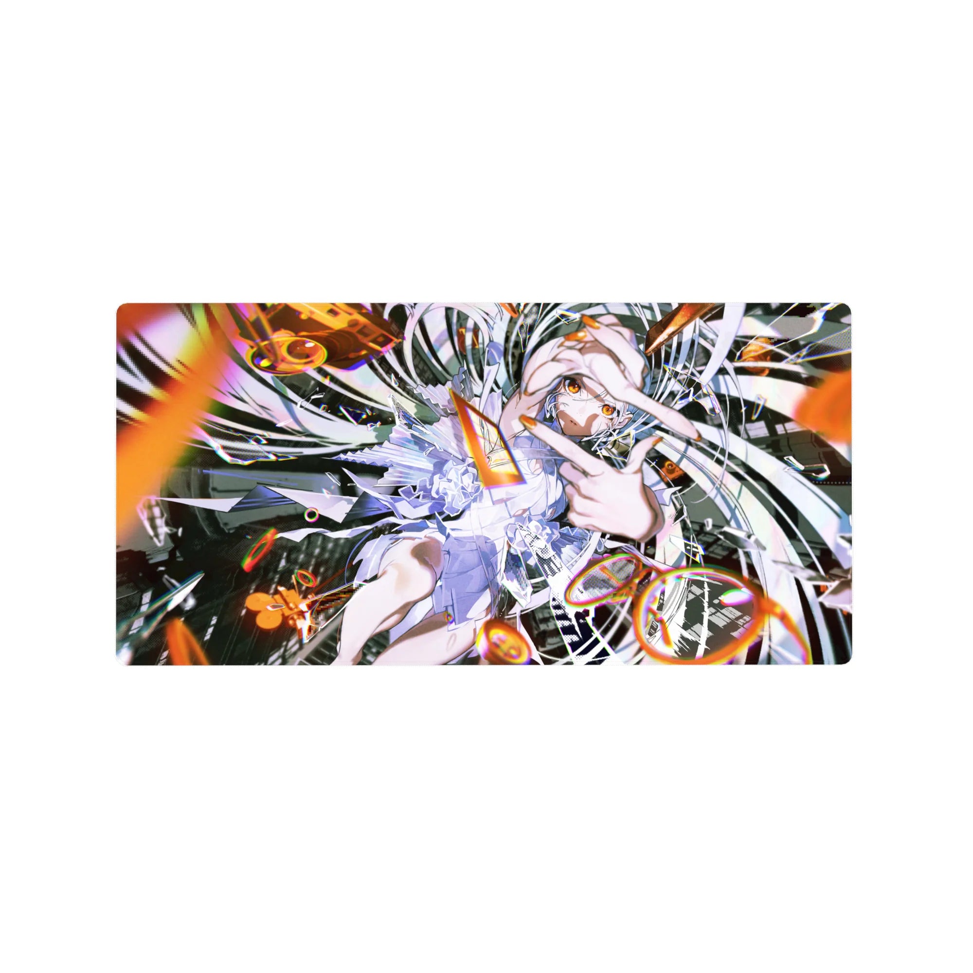 Stormy-cute anime girl mouse pad 32x16 inches with silver hair, ruffled dress, and glitchy shards.