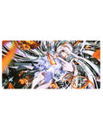 Stormy-cute anime girl mouse pad 32x16 inches with silver hair, ruffled dress, and glitchy shards.