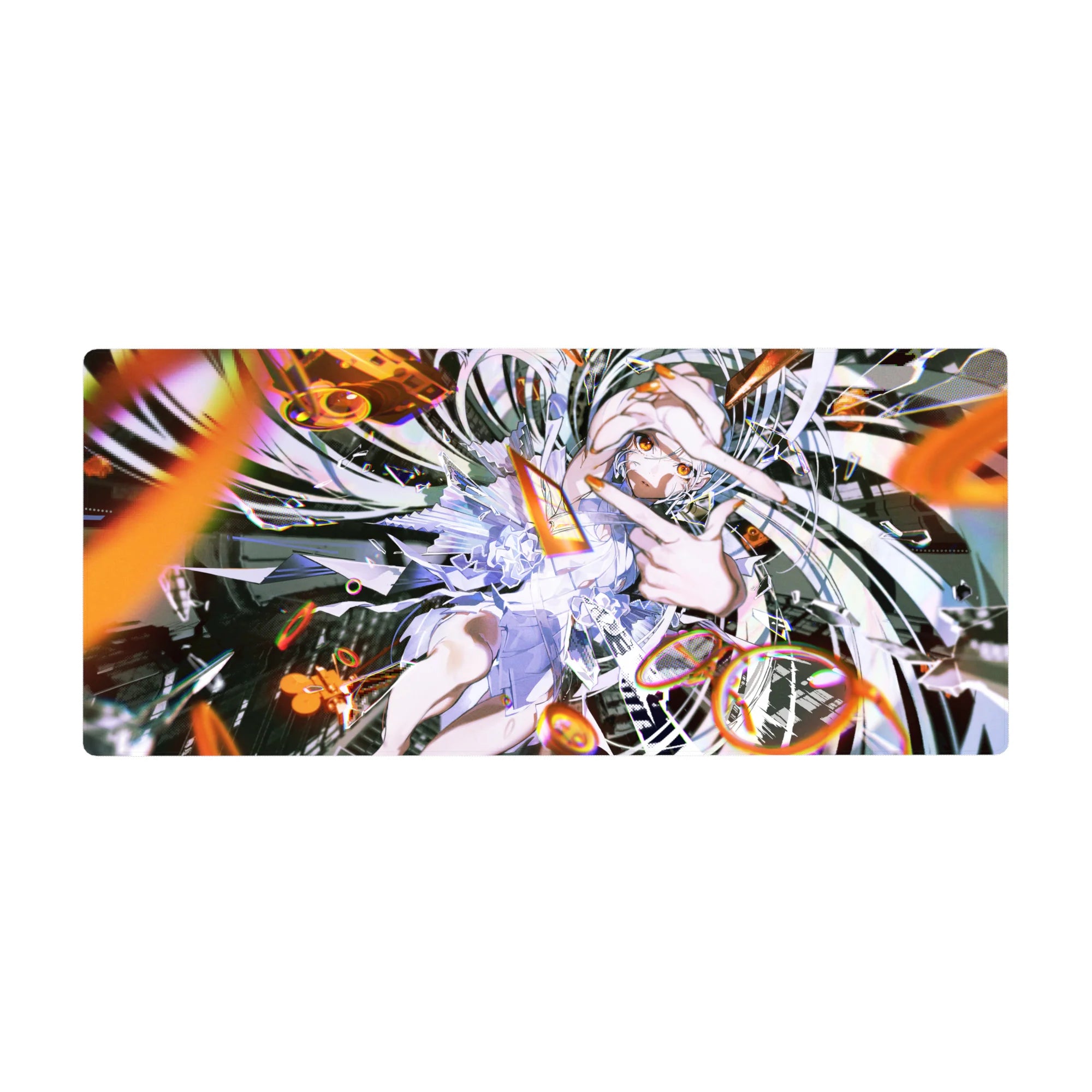 Stormy-cute anime girl desk pad 36x16 inches with silver hair, amber eyes, and neon mech shards.