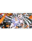 Stormy-cute anime girl desk pad 36x16 inches with silver hair, amber eyes, and neon mech shards.
