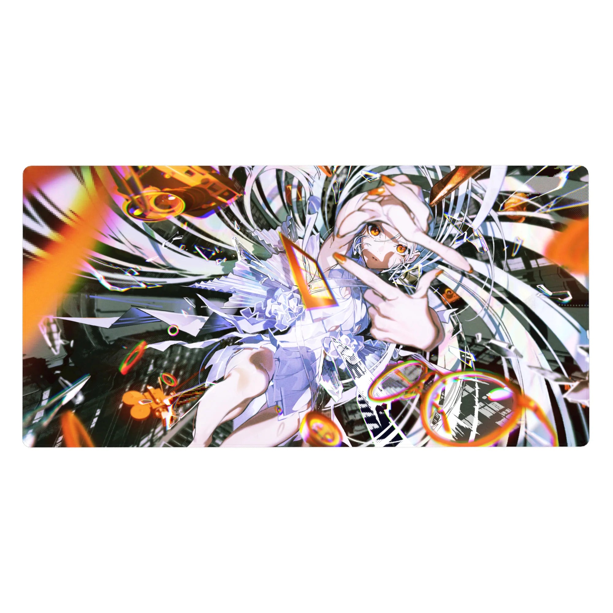 Stormy-cute anime girl desk pad 40x20 inches with silver hair, amber eyes, and glitchy mechanical shards.