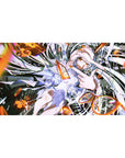 Stormy-cute anime girl desk pad 40x20 inches with silver hair, amber eyes, and glitchy mechanical shards.