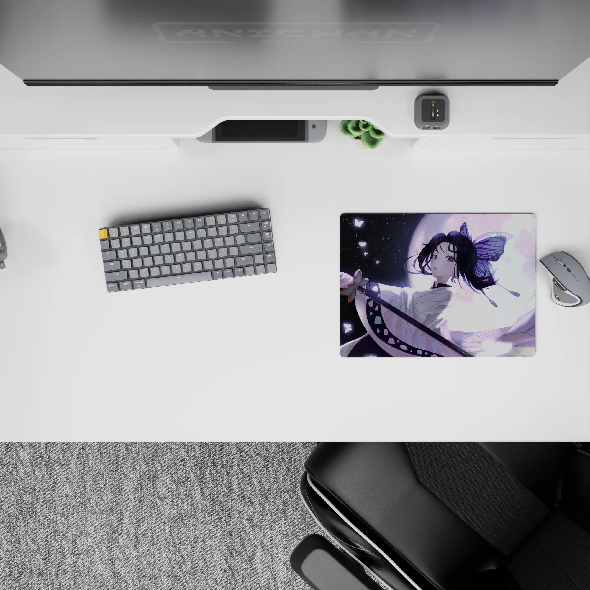 Shinobu Kocho from Demon Slayer on 14x10 inch anime mouse pad, radiates elegance with lavender hues and butterfly glow.