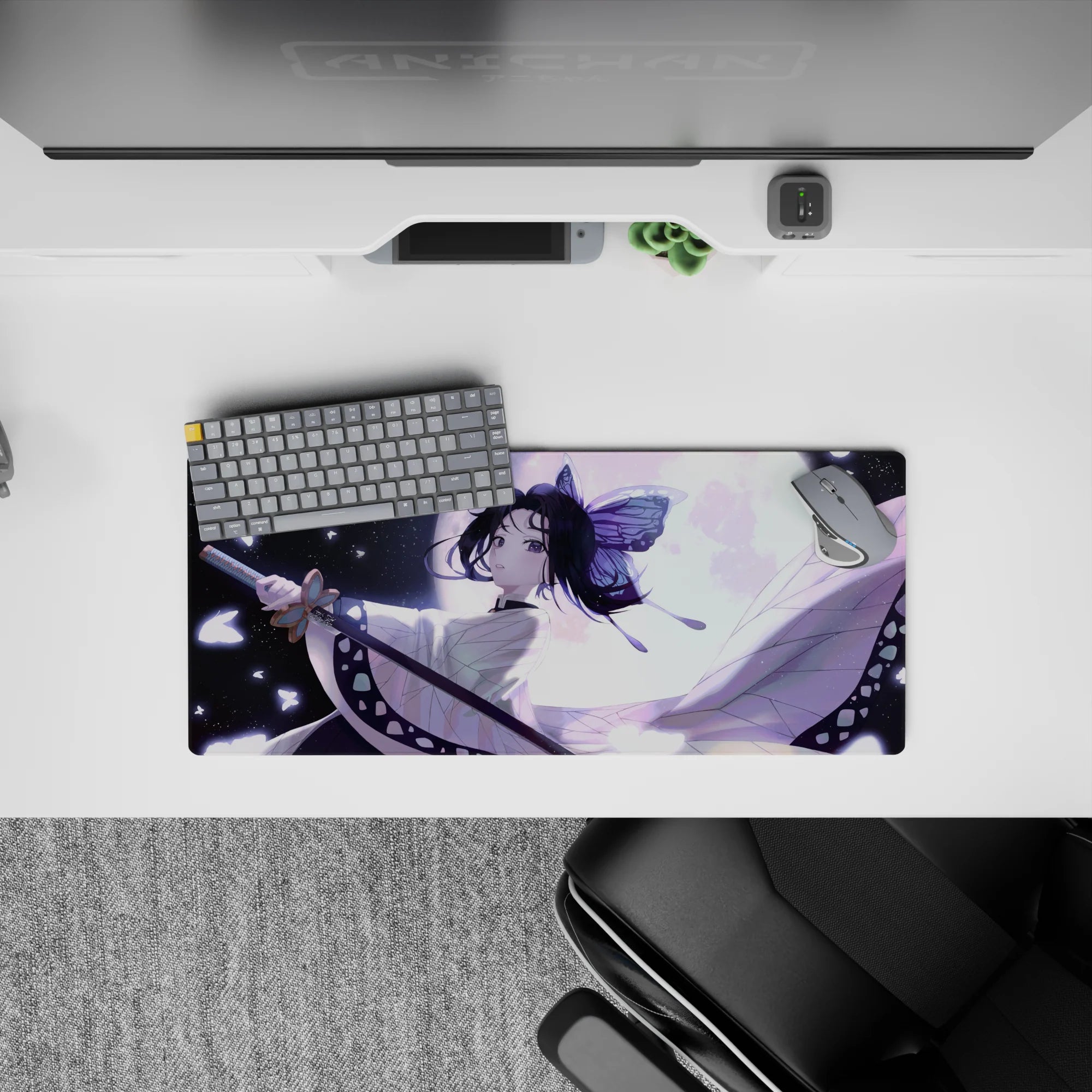 Shinobu Kocho from Demon Slayer in moonlit elegance on 28x12 inch anime mouse pad with lavender hues and butterflies.