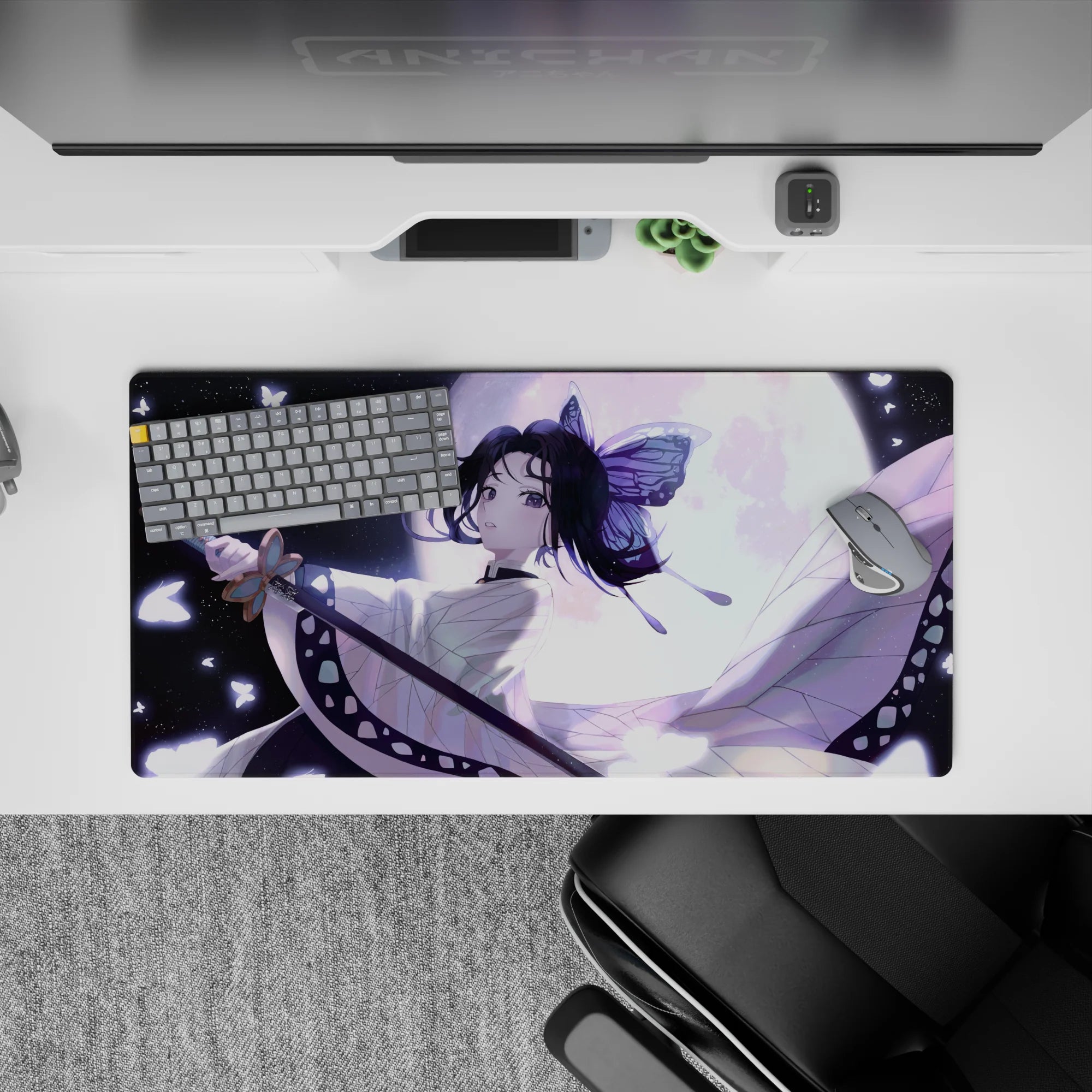 Shinobu Kocho from Demon Slayer on a 32x16 inch mouse pad, in moonlit hues with butterflies, elegant and poised.