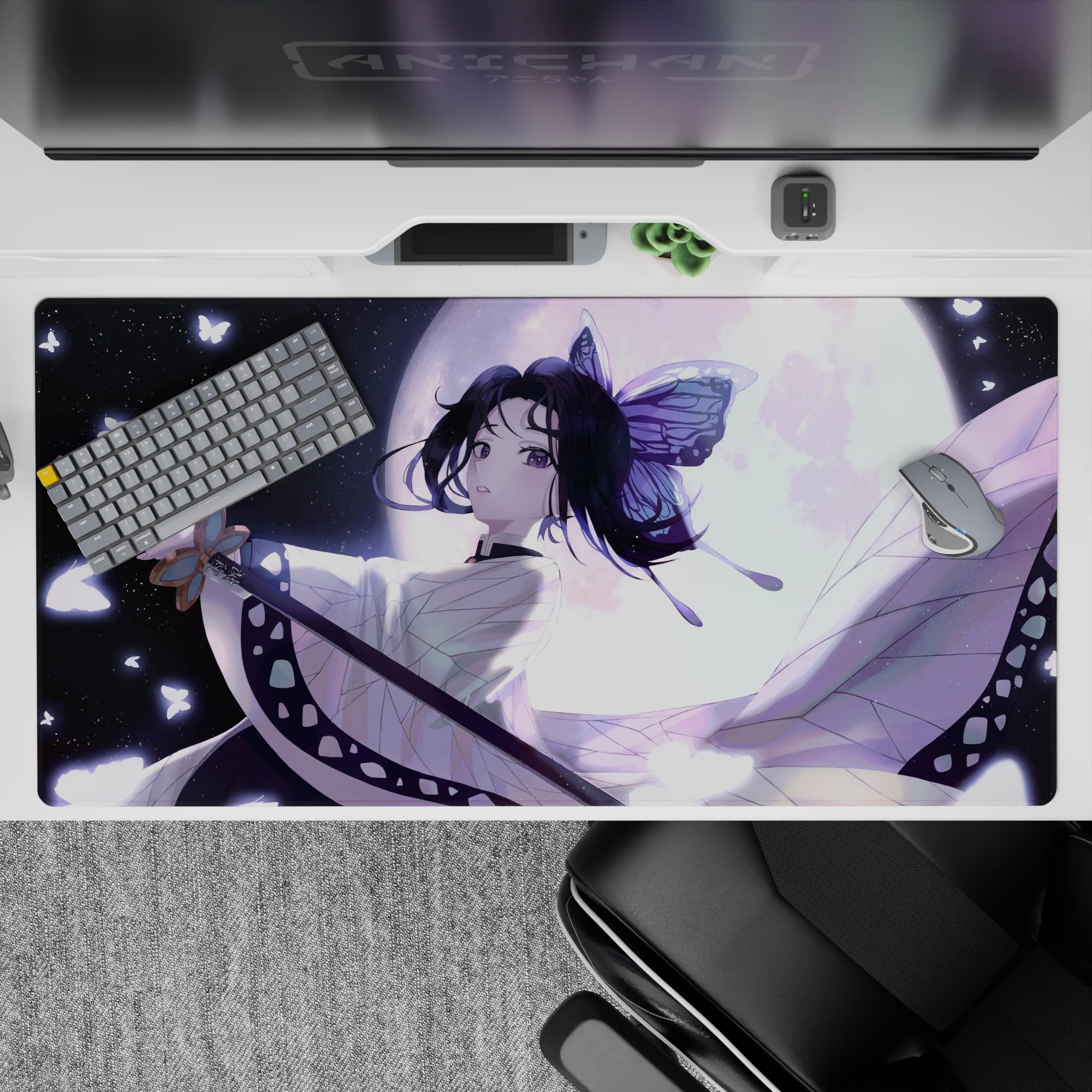 Shinobu Kocho anime mouse pad 40x20 inches, featuring lavender hues and butterfly glow, perfect for Demon Slayer fans.