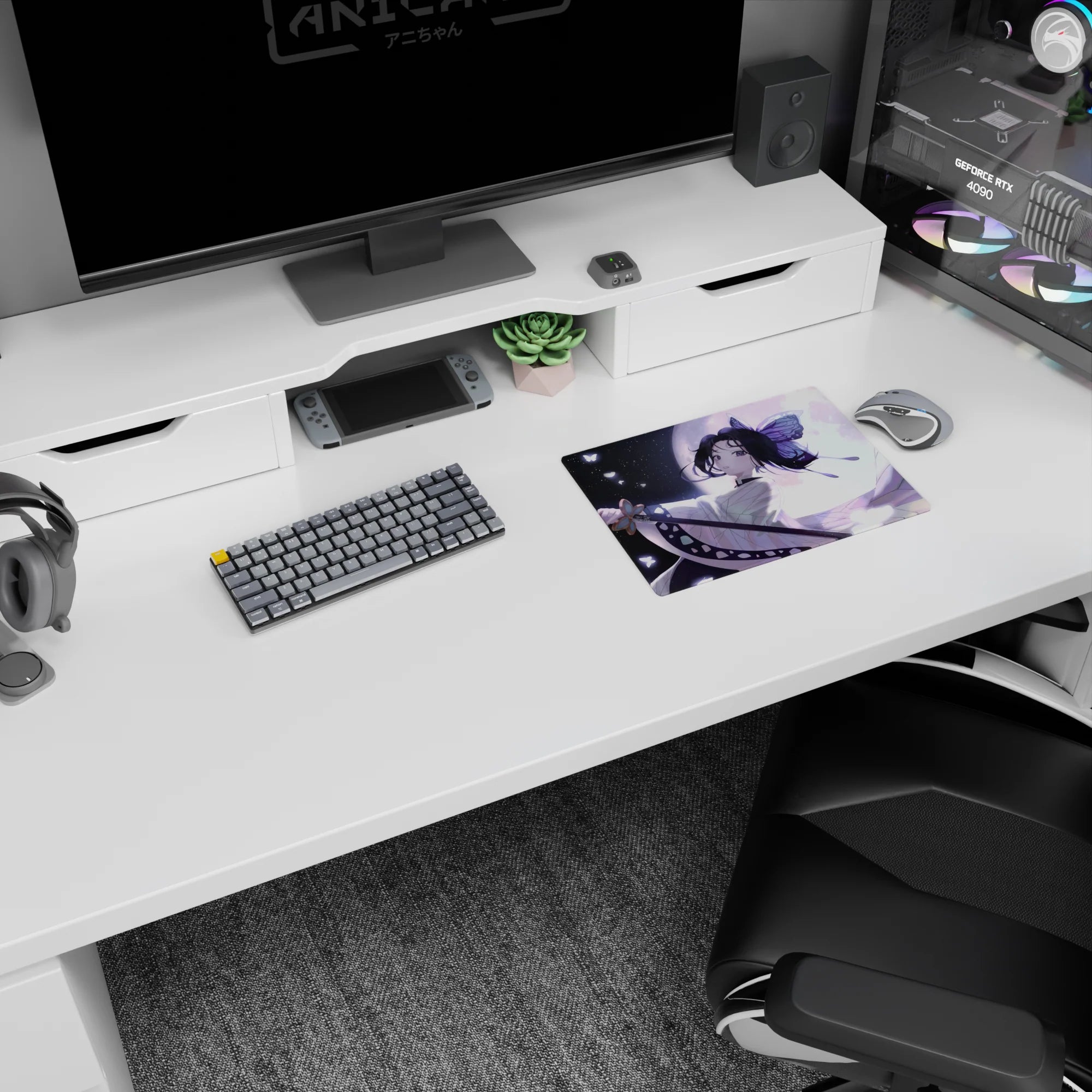 Shinobu Kocho from Demon Slayer on a 14x10 inch mouse pad, standing poised in moonlight with butterflies and lavender tones.