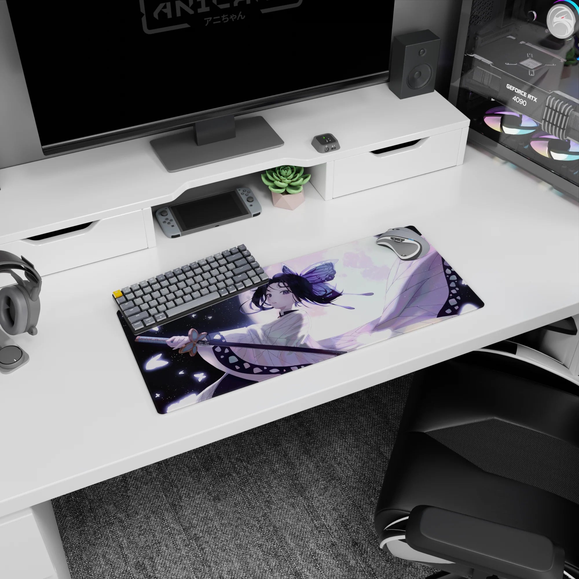 Shinobu Kocho anime mouse pad, 28x12 inches, from Demon Slayer, featuring her in moonlit elegance with butterflies.