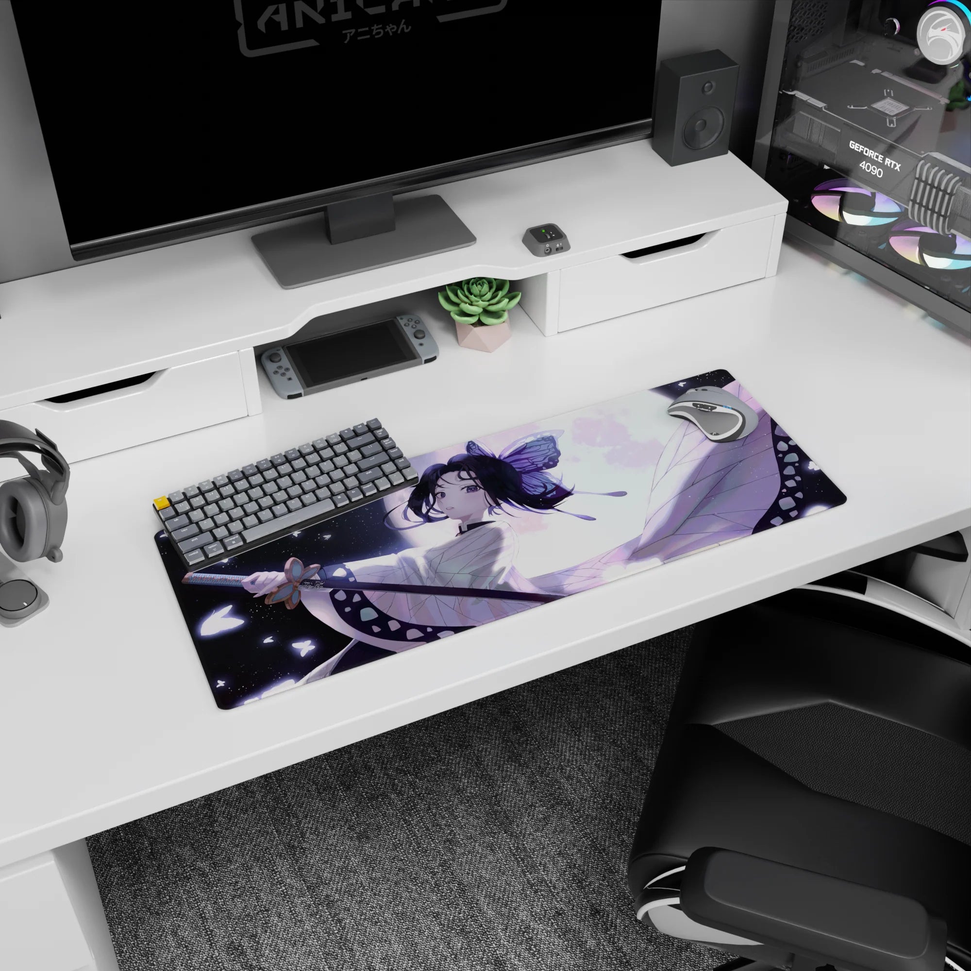 Shinobu Kocho from Demon Slayer anime mouse pad, 32x12 inches. Features moonlit elegance with butterflies and lavender hues.
