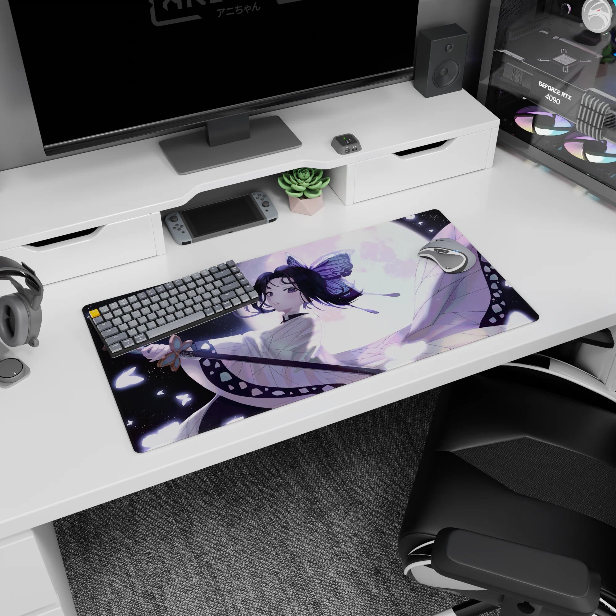 Shinobu Kocho from Demon Slayer on a 32x16 inch mouse pad, surrounded by lavender tones and butterflies, exuding elegance.