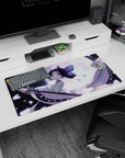 Shinobu Kocho from Demon Slayer on a 32x16 inch mouse pad, surrounded by lavender tones and butterflies, exuding elegance.