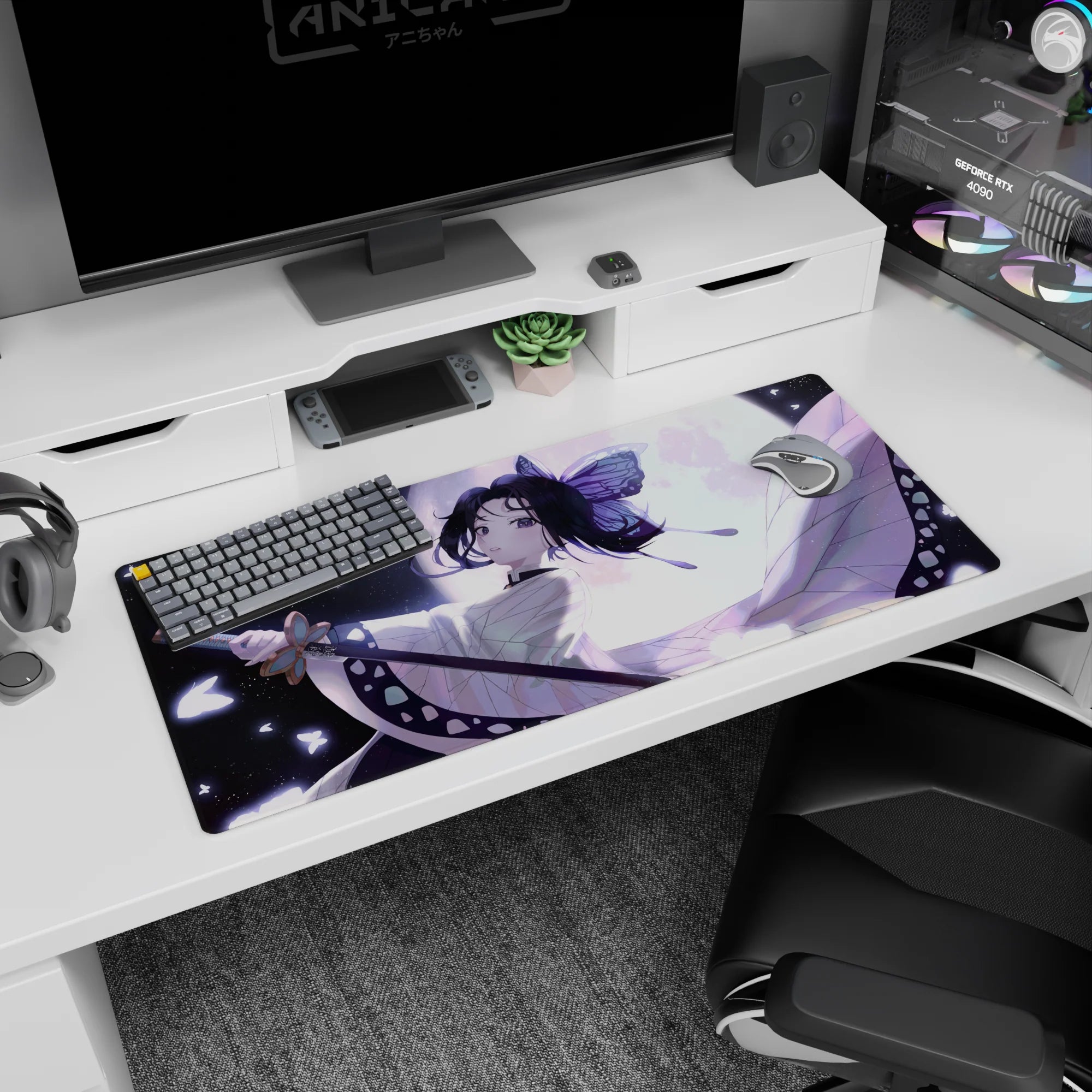 Shinobu Kocho from Demon Slayer stands poised on a 36x16 inch desk pad, bathed in moonlight with lavender hues and butterflies.