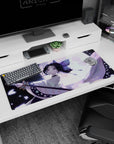 Shinobu Kocho from Demon Slayer stands poised on a 36x16 inch desk pad, bathed in moonlight with lavender hues and butterflies.
