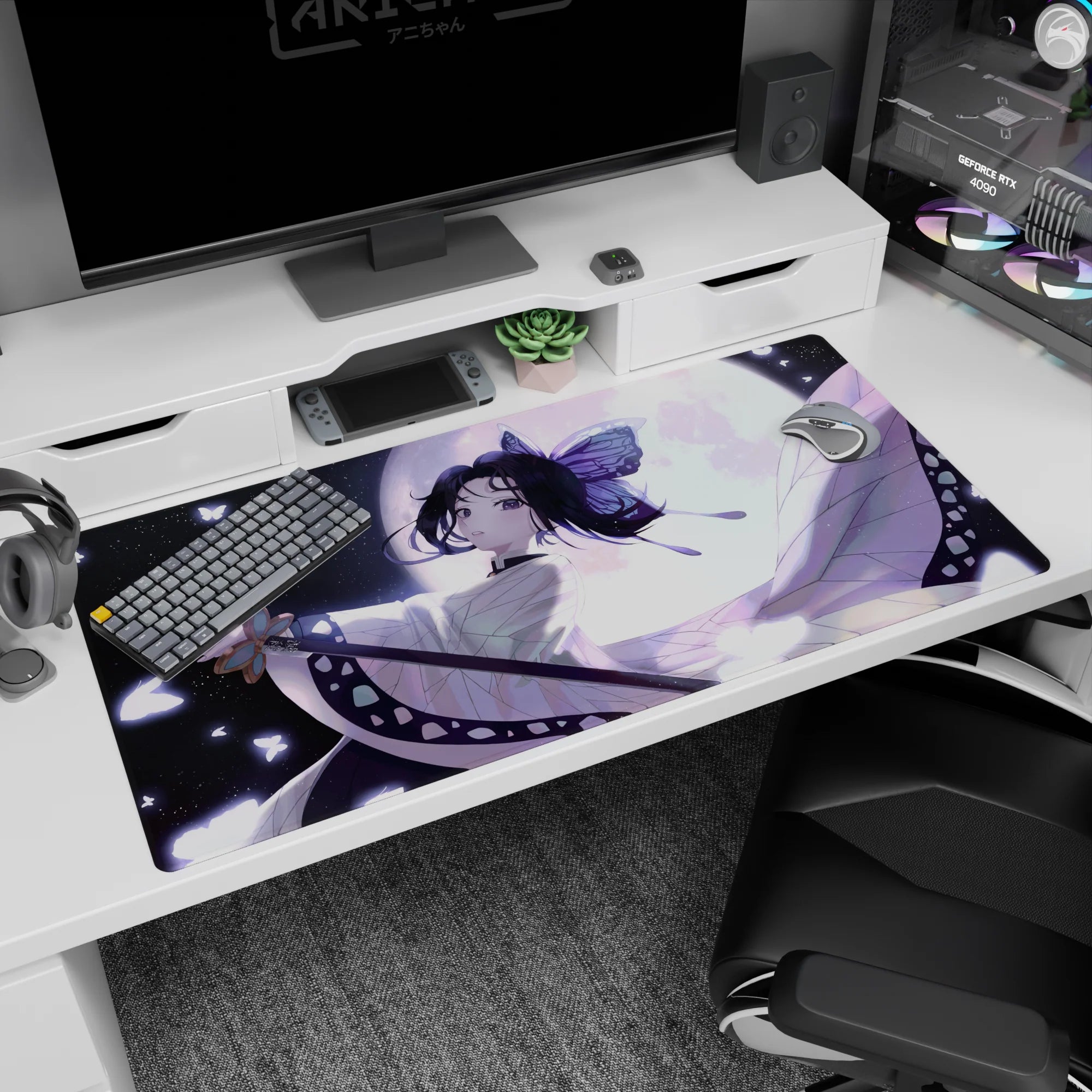 Shinobu Kocho anime desk pad 40x20 inches, featuring lavender tones, butterflies, and stardust, perfect for Demon Slayer fans.