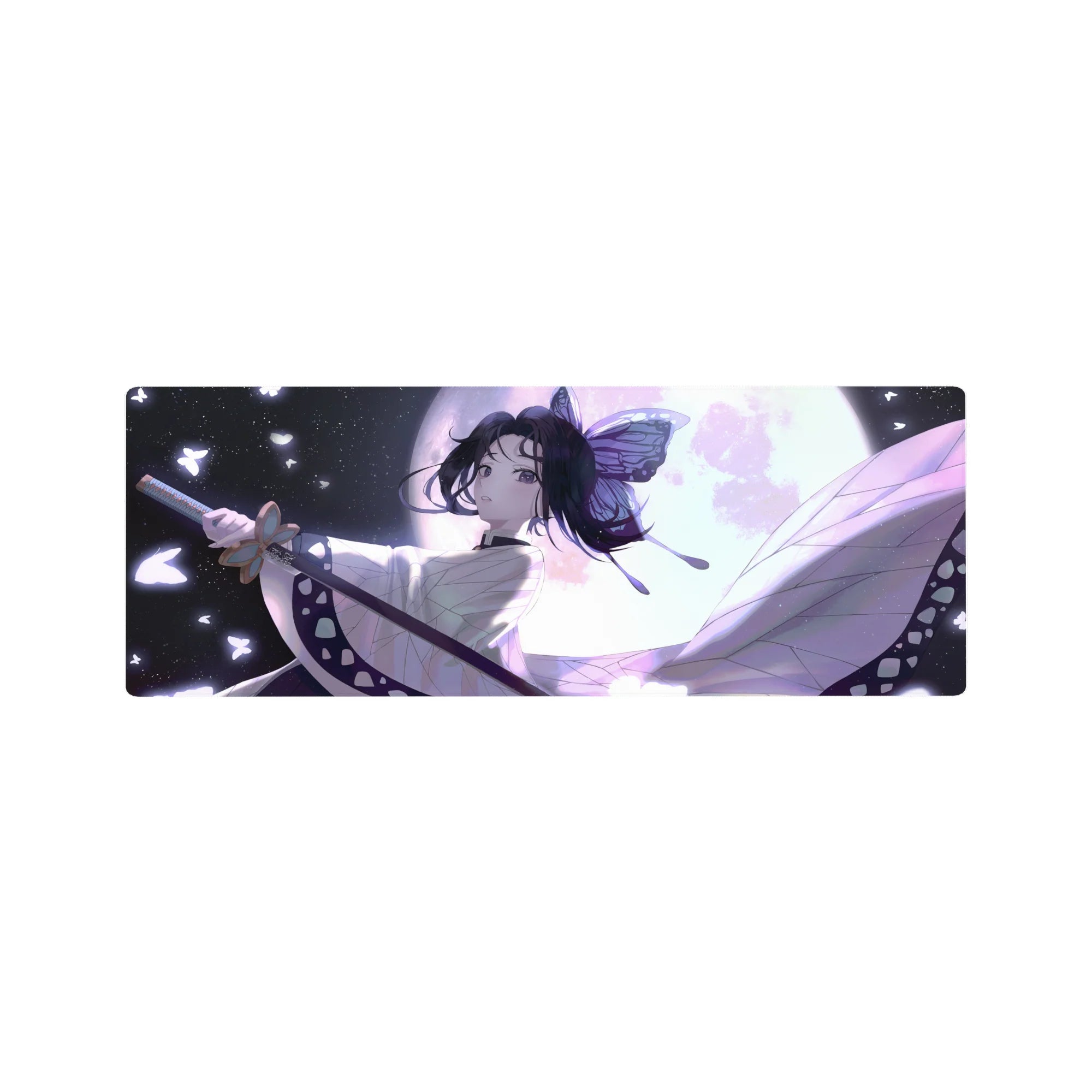 Shinobu Kocho anime mouse pad, 32x12 inches, featuring Demon Slayer's elegant warrior in moonlit lavender hues with butterflies.