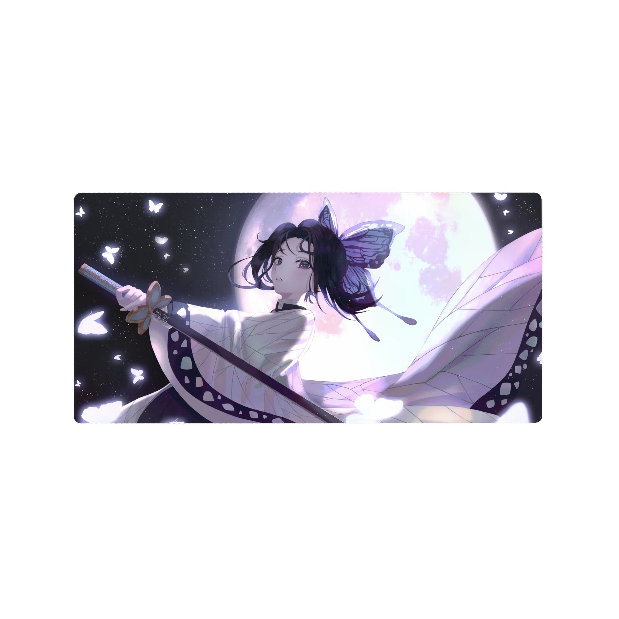 Shinobu Kocho stands in moonlight, butterflies around, on a 32x16 inch anime mouse pad for Demon Slayer fans.