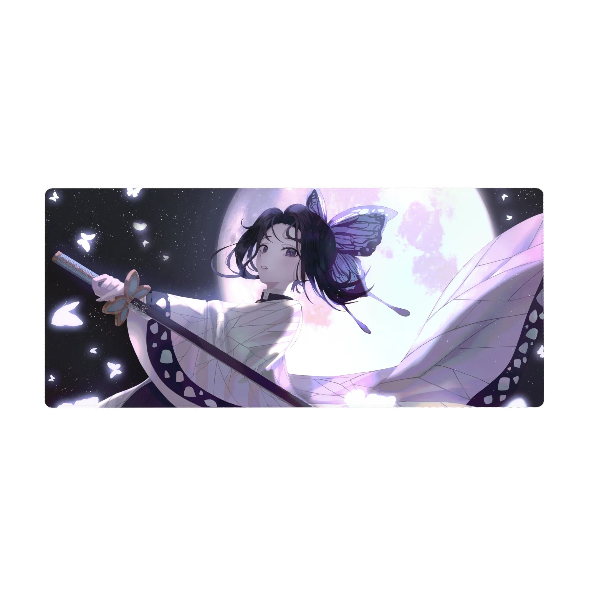 Shinobu Kocho anime desk pad 36x16 inches, features her poised in moonlight with lavender tones and fluttering butterflies.