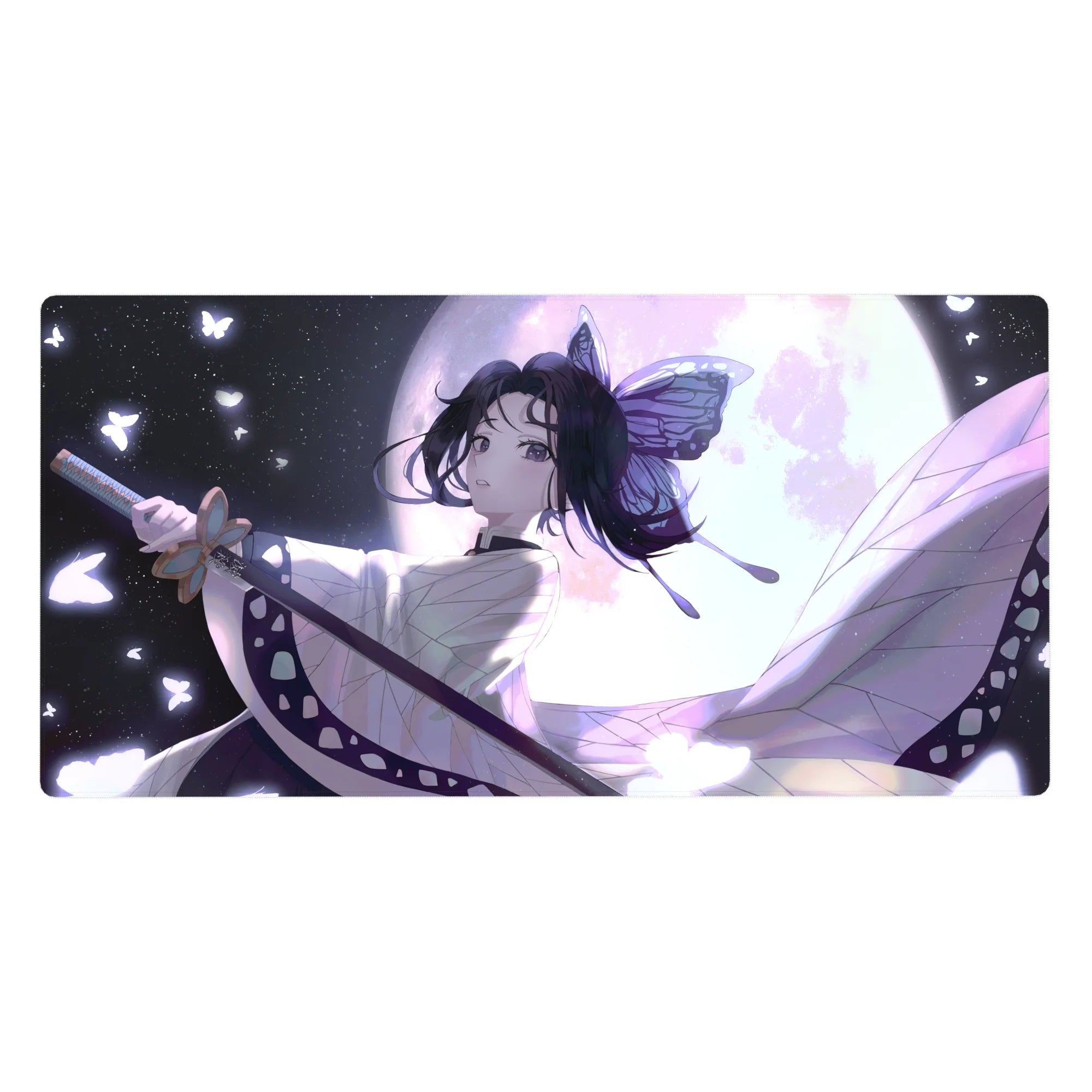 Shinobu Kocho 40x20 inch anime desk pad, featuring her in moonlight with butterflies, perfect for Demon Slayer fans.