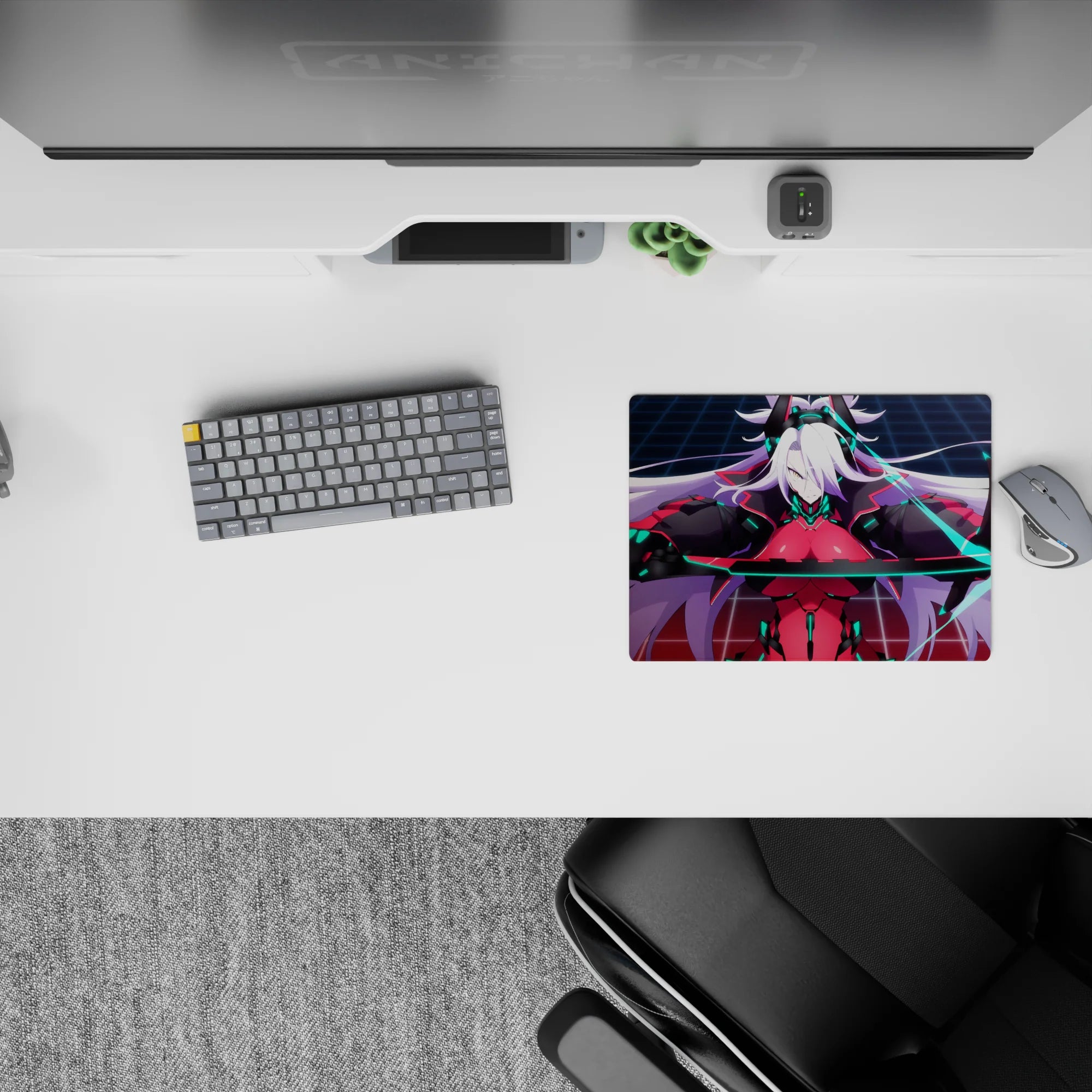 Cyberpunk anime girl mouse pad 14x10 inches in crimson, black armor, teal glow, electric blue blade.
