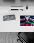 Cyberpunk anime girl mouse pad 14x10 inches in crimson, black armor, teal glow, electric blue blade.