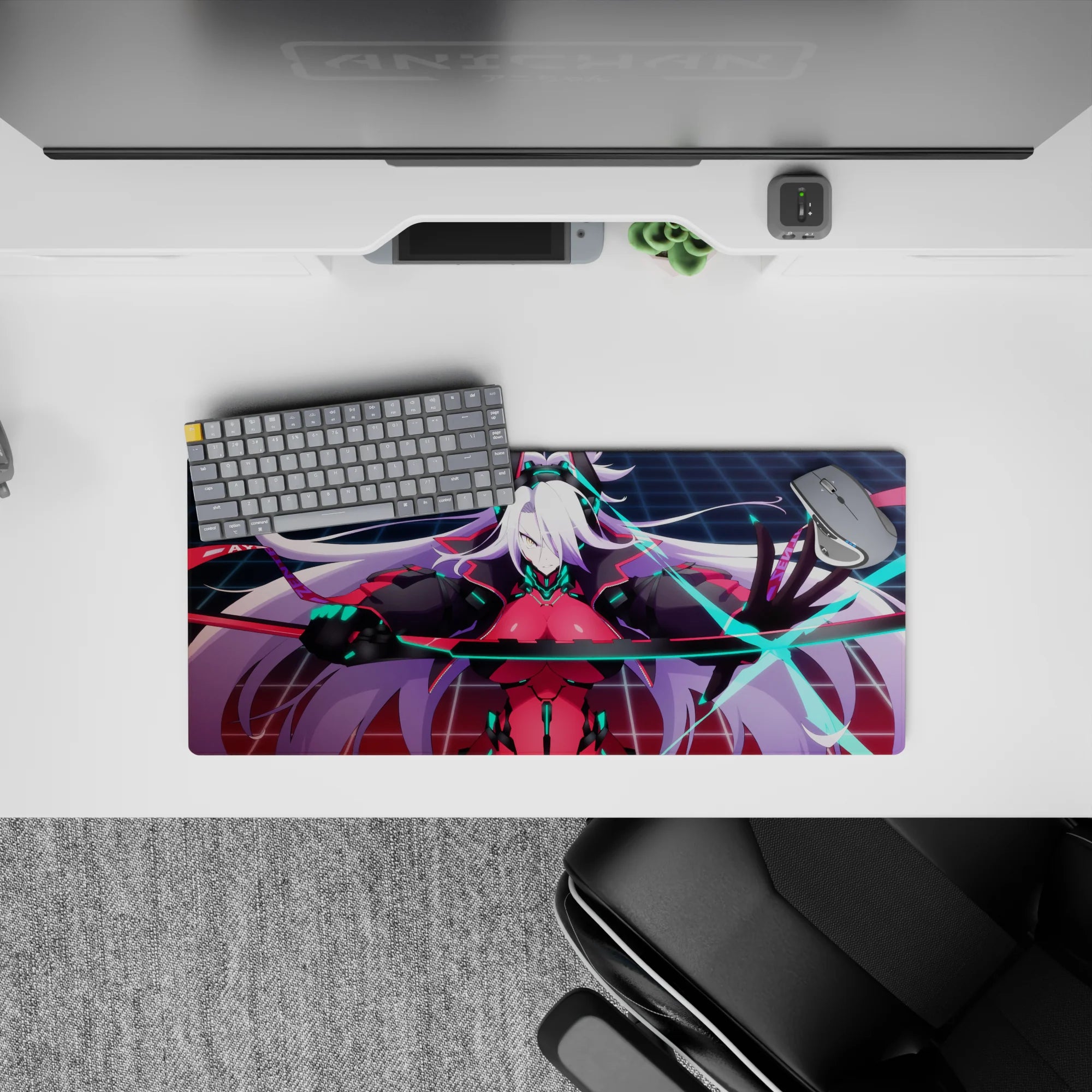 28x12 inches cyberpunk mouse pad in crimson, black, and electric blue with neon glow, edgy vibe.