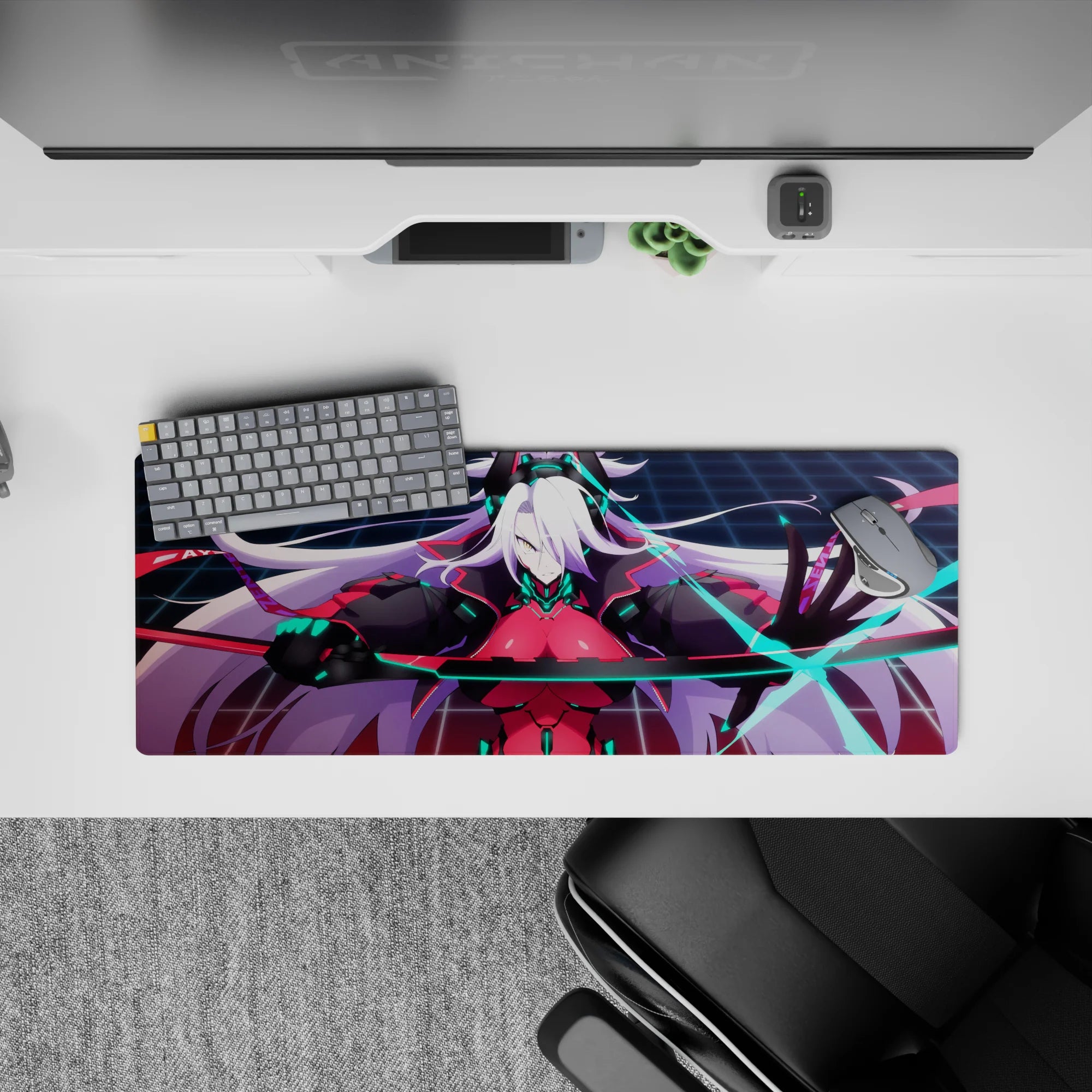 Cyber neon anime girl mouse pad 32x12 inches in crimson, teal, and electric blue, bold retro vibe.