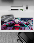 Cyber neon anime girl mouse pad 32x12 inches in crimson, teal, and electric blue, bold retro vibe.