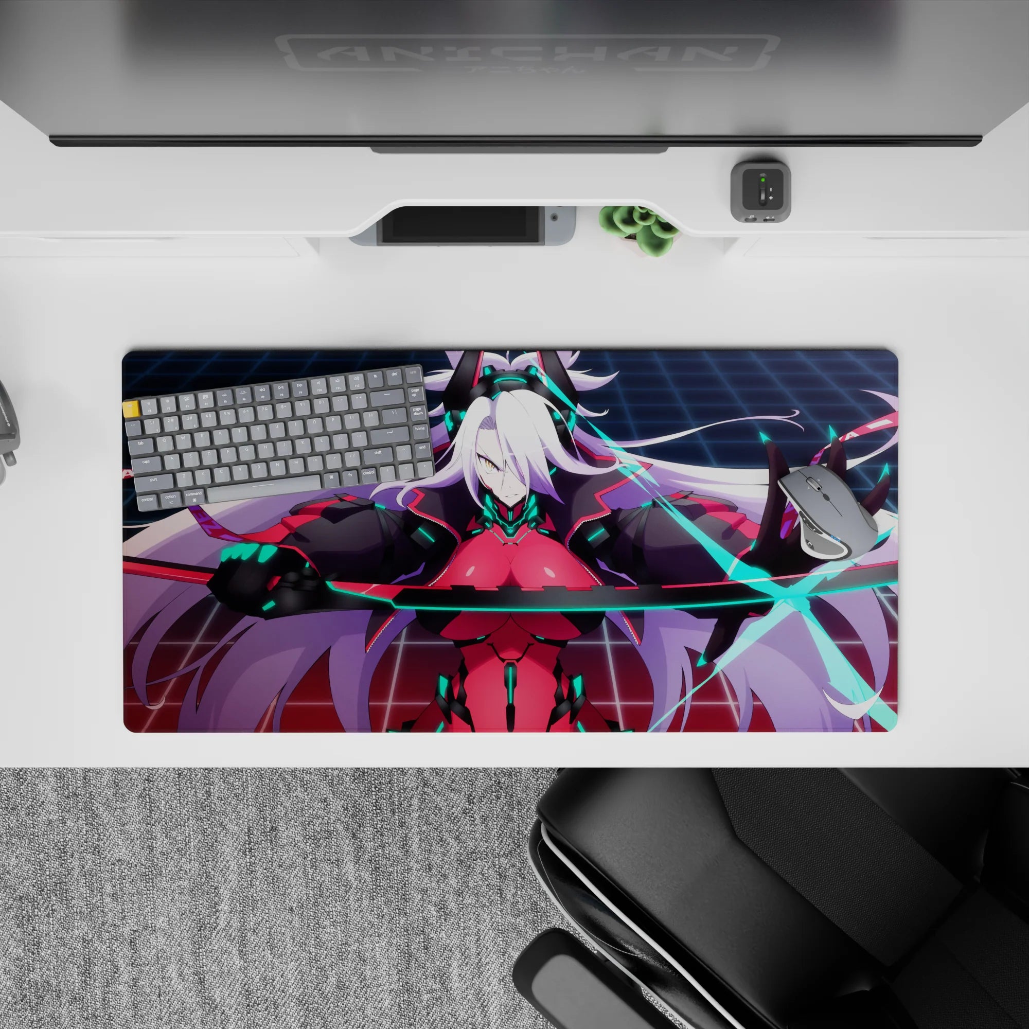 32x16 inches anime mouse pad in crimson, black, and neon teal with electric blue blade, cyberpunk mood.