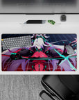 32x16 inches anime mouse pad in crimson, black, and neon teal with electric blue blade, cyberpunk mood.