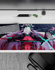 36x16 inches extended mouse pad in crimson, black and neon teal, fast cyberpunk vibe with blue glow.