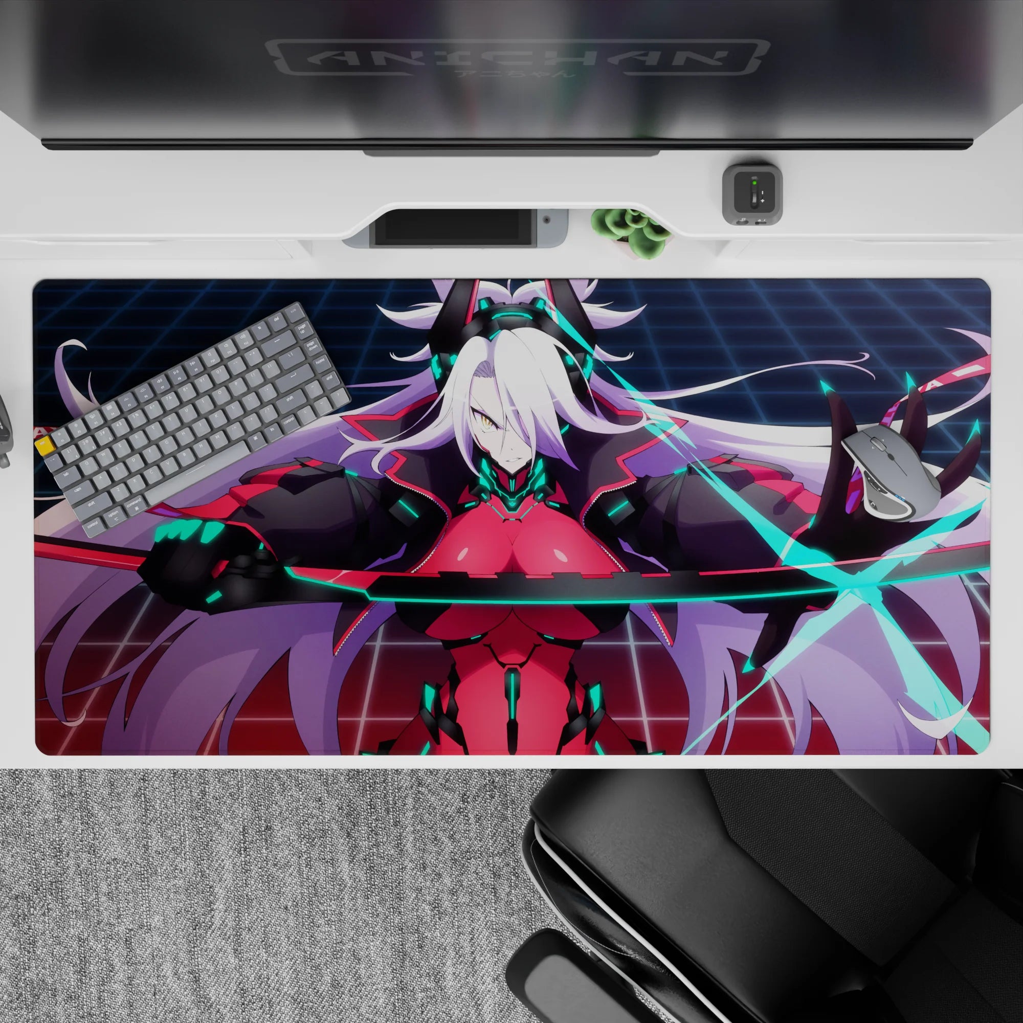 Cyberpunk anime mouse pad 40x20 inches in crimson, black, and teal with electric blue blade glow.