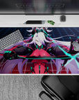 Cyberpunk anime mouse pad 40x20 inches in crimson, black, and teal with electric blue blade glow.
