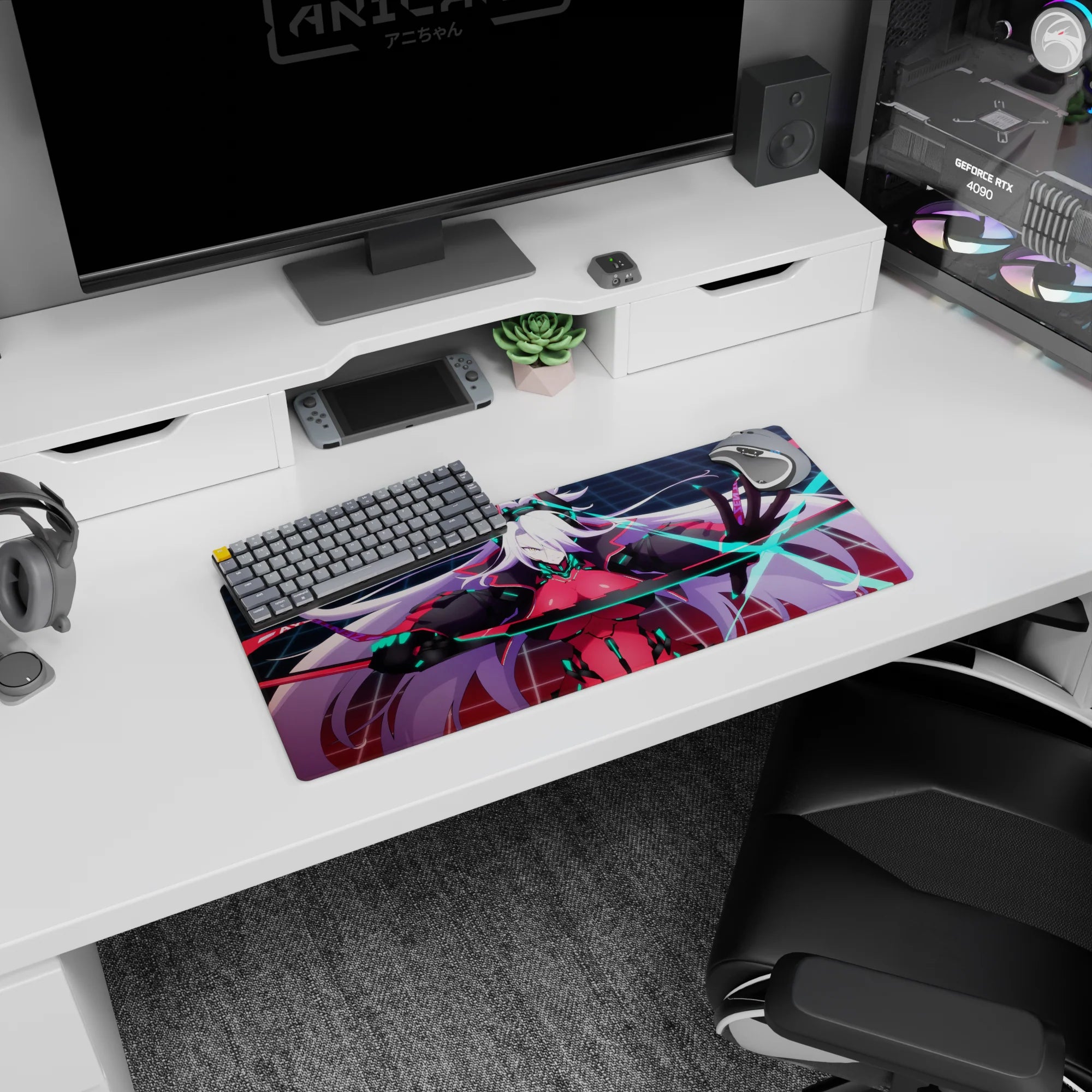 28x12 inches anime desk mat showing white-haired warrior with horned headset and glowing blue blade.
