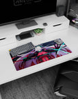 28x12 inches anime desk mat showing white-haired warrior with horned headset and glowing blue blade.