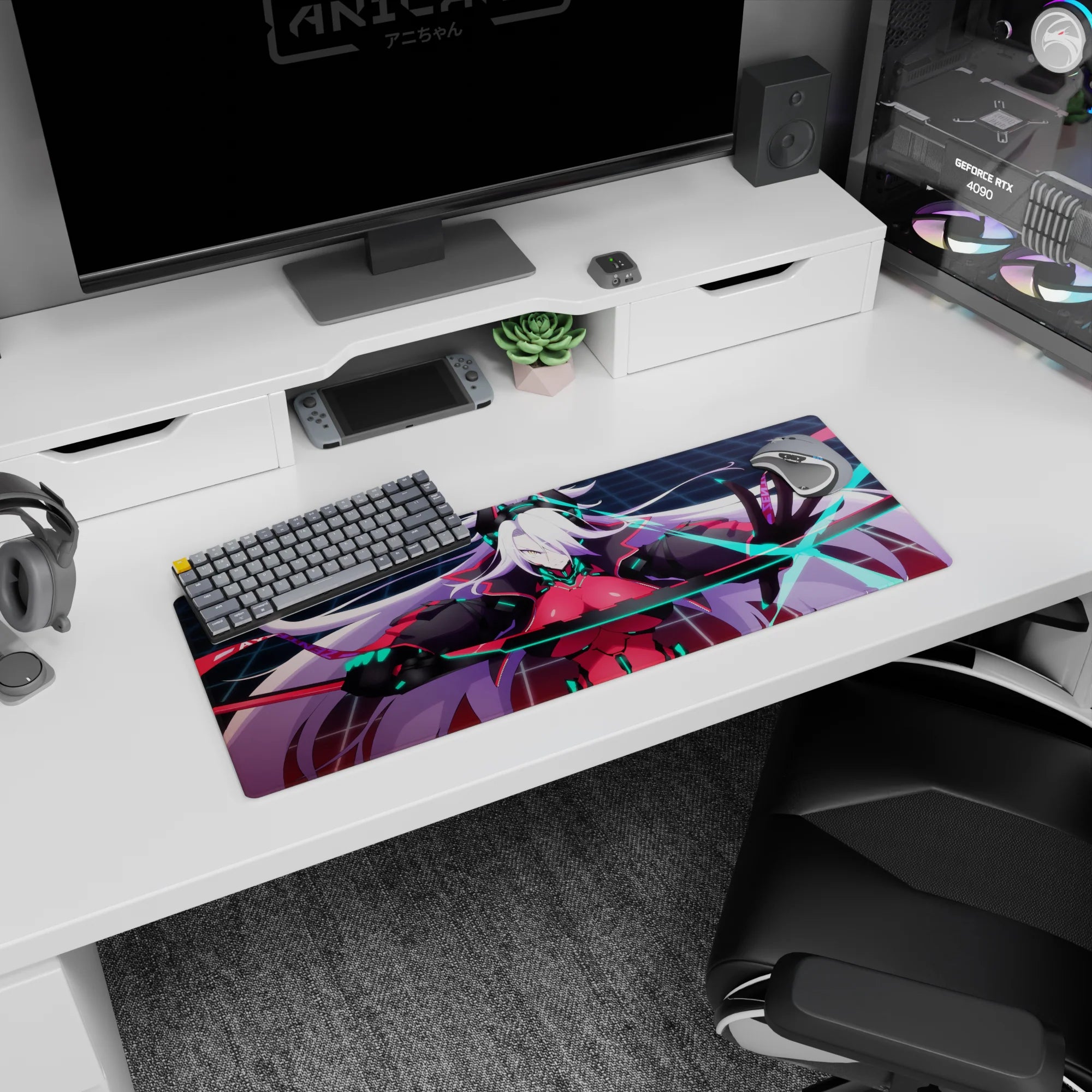 White-haired horned warrior on anime girl mouse pad 32x12 inches, glowing blue blade across teal circuit grid.