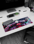 White-haired horned warrior on anime girl mouse pad 32x12 inches, glowing blue blade across teal circuit grid.