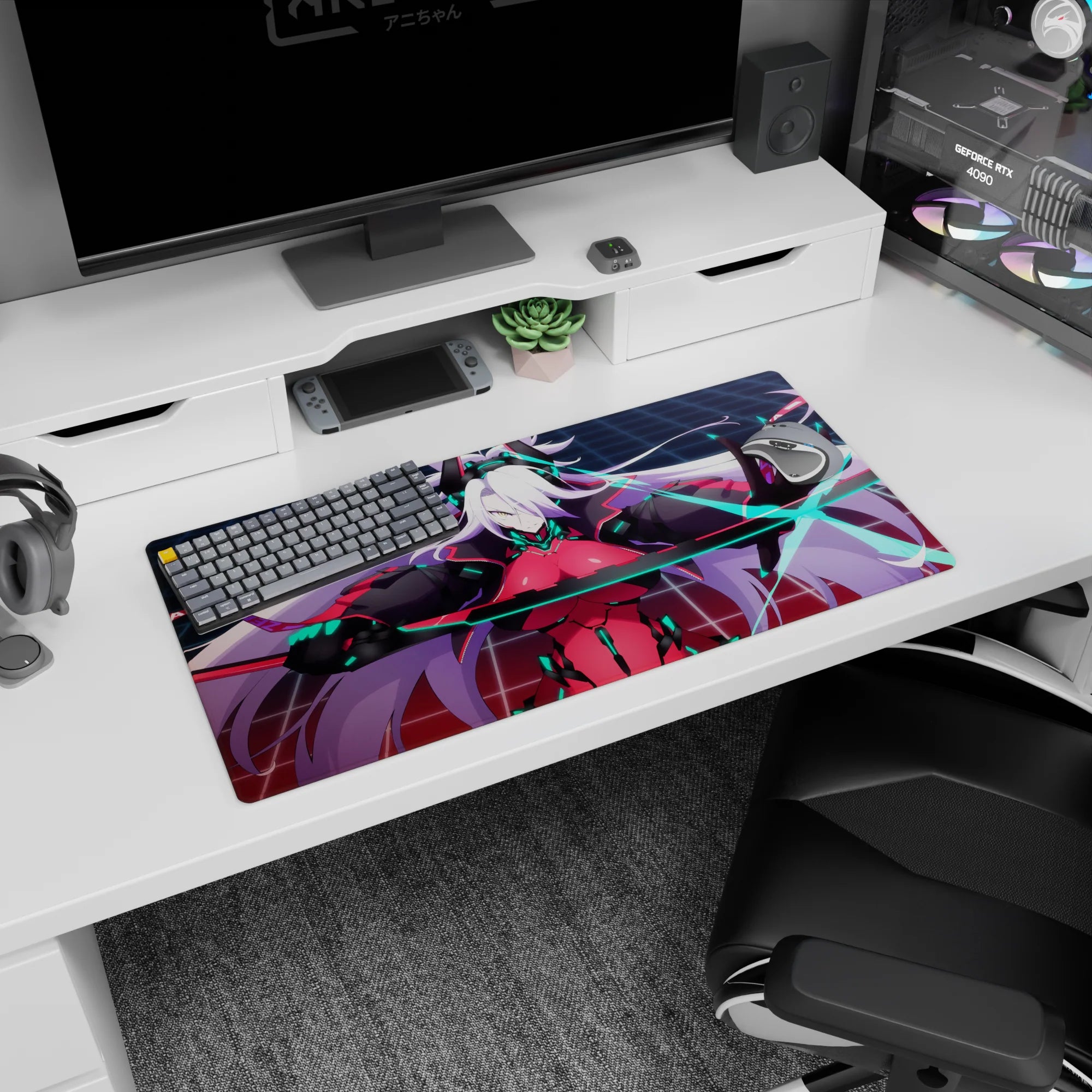 32x16 inches anime girl mouse pad showing white-haired warrior with horned headset and glowing blue slash.