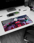 32x16 inches anime girl mouse pad showing white-haired warrior with horned headset and glowing blue slash.