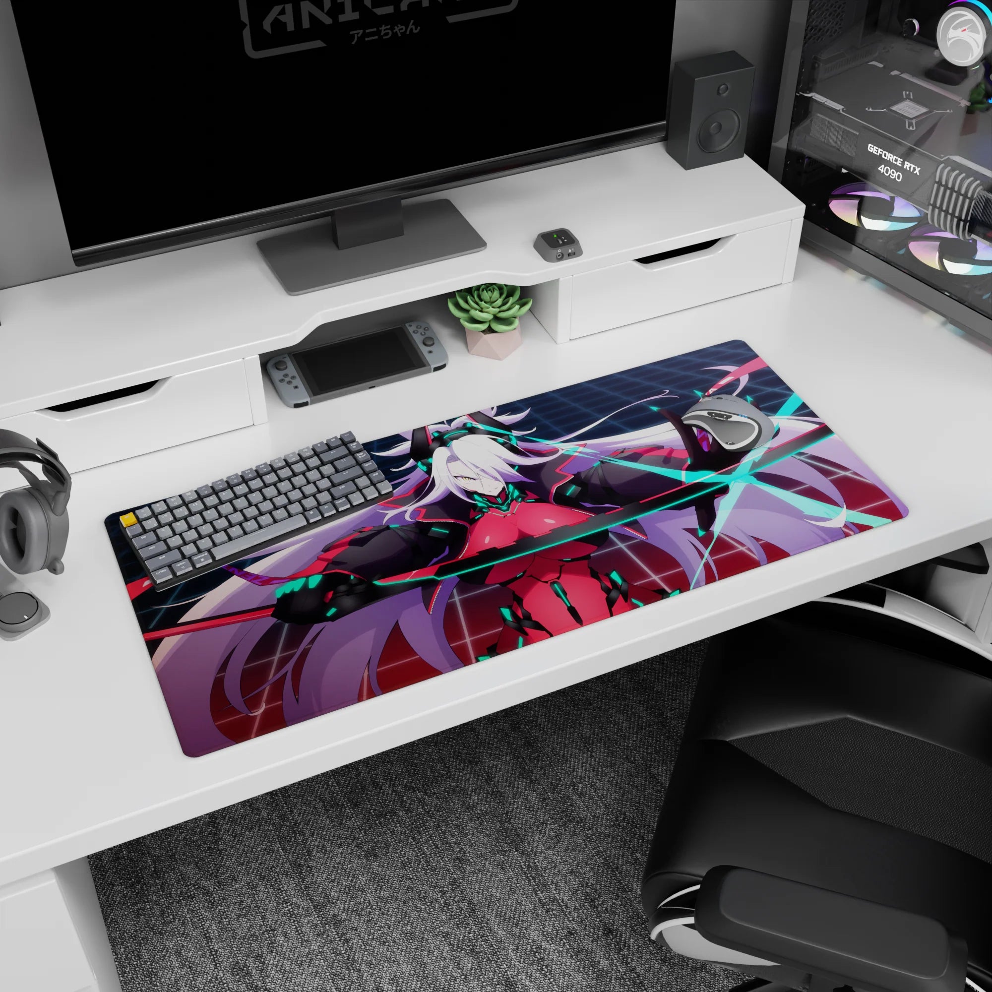 36x16 inches desk pad showing a fierce white-haired anime warrior with horns and an electric blue blade.
