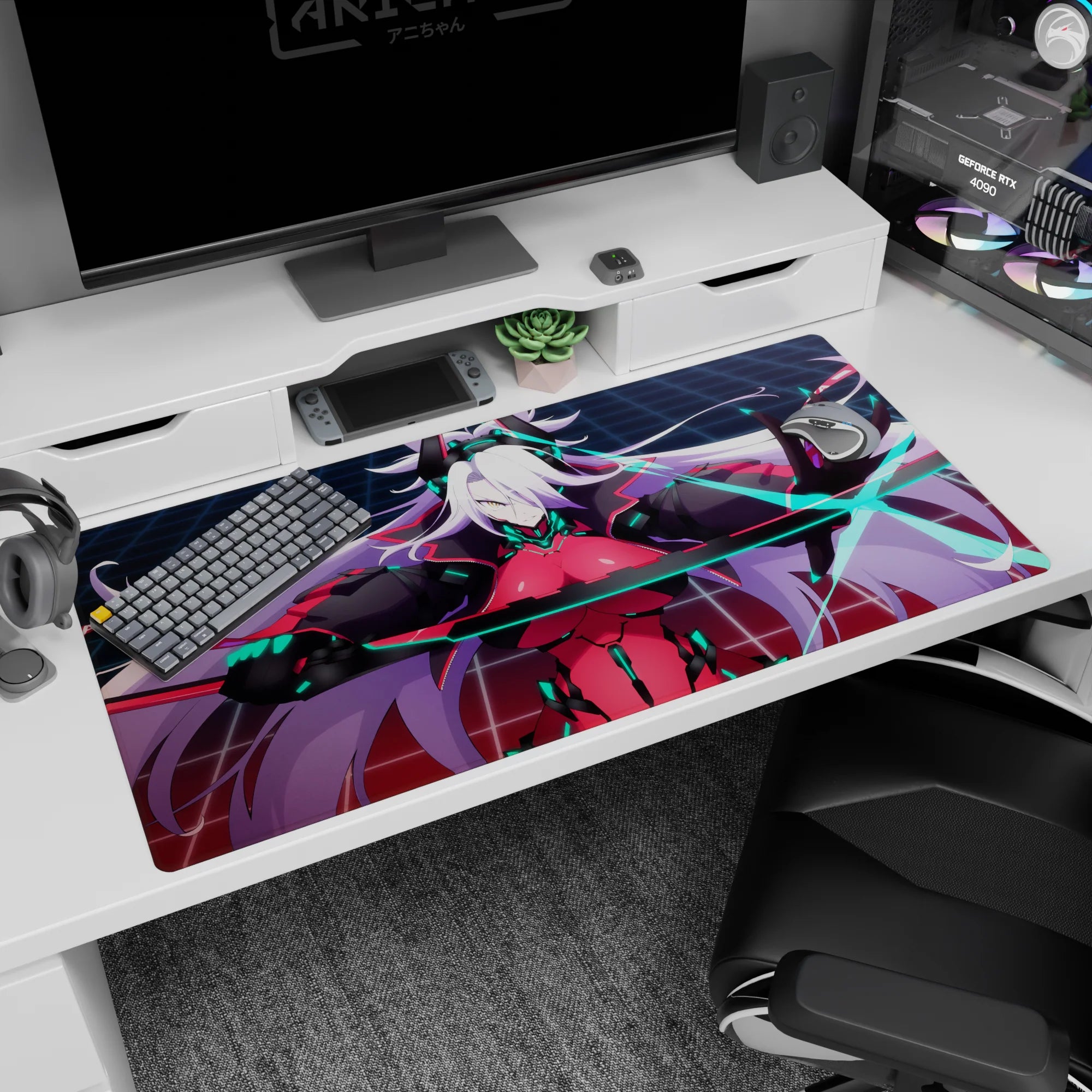 White-haired horned warrior on anime desk pad 40x20 inches, teal circuits and glowing sword slash.