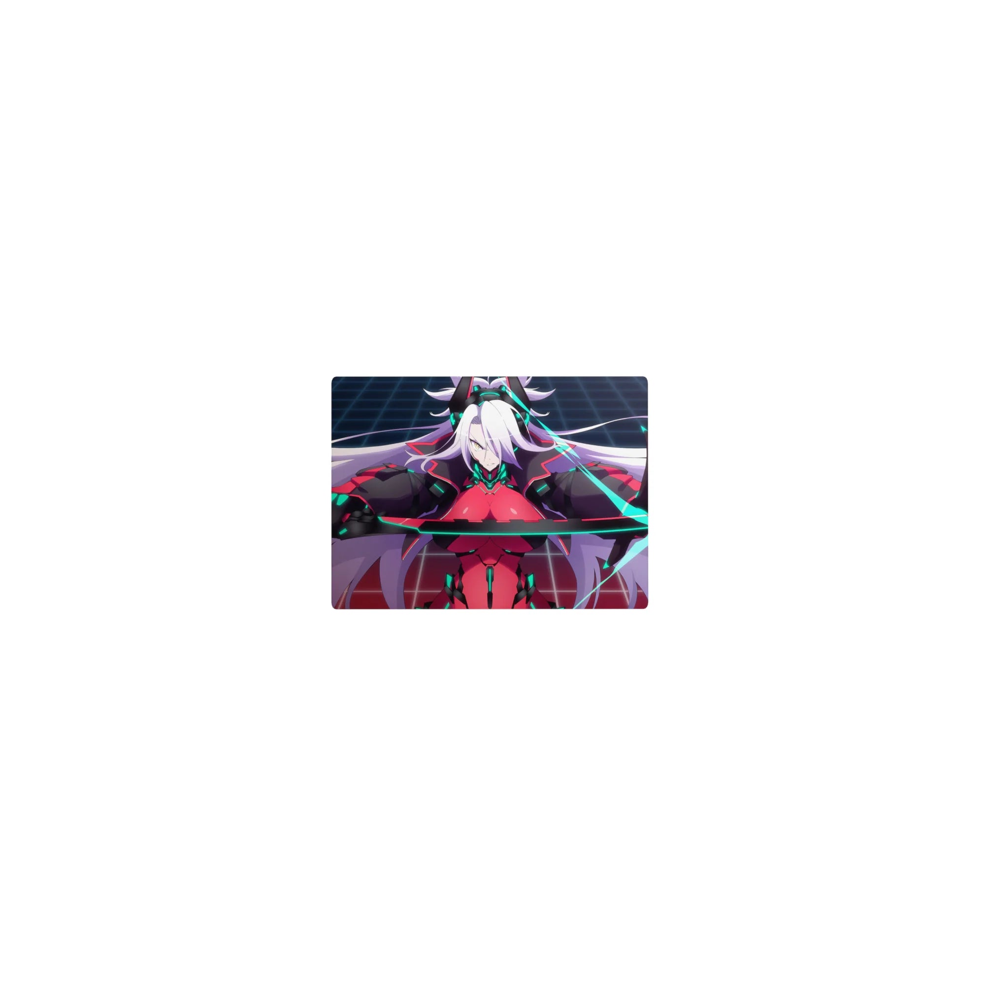 Classic anime girl mouse pad 14x10 inches with white-haired fighter, crimson suit, neon circuits, grid.